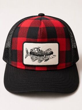 Red Black Buffalo Plaid Trucker Hat with Fish Patch
